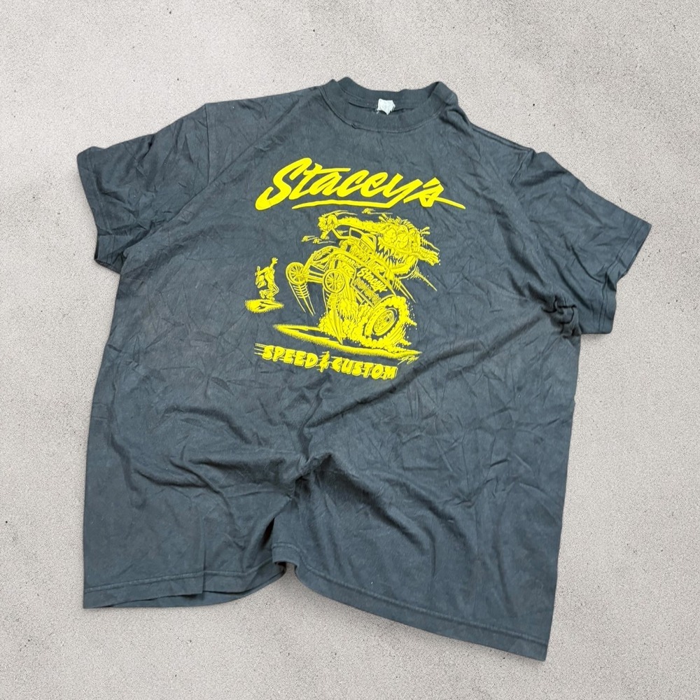 Staceys Speed & Custom Hot Rod Monster Graphic T-Shirt Faded Black Yellow XL